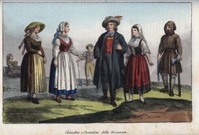 Camponeses alemães - gravura de "Usos e costumes de todos os povos do Universo". Ou melhor, a história do governo, das leis, das milícias, da religião de todas as nações desde os tempos mais remotos até aos dias de hoje" 1856 de Unknown artist