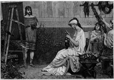 Glycere posando em frente ao pintor grego Pausias (século IV a.C.) para a pintura "Stephanopoclos". Gravura em "Le journal de la jeunesse". de Unknown artist