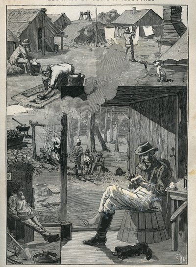 Os que procuram ouro na Austrália: mancha da vida diária dos mineiros durante os seus dias de descanso (limpeza e secagem de roupa de cama, meias, etc.). Gravura de 1885 em "Les arts et metiers illustres" de Adolphe BITARD. de Unknown artist