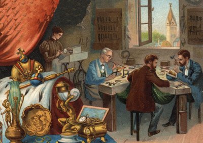 Oficina de ourivesaria, joalheiro: solda e cinzeladura de ouro. de Unknown artist