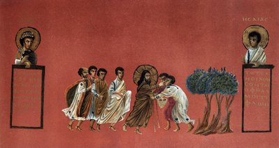 Evangelho de São Mateus - Milagre de Jesus guerreando os dois cegos de Jericó, gravando o século XIX depois de um manuscrito grego. de Unknown artist