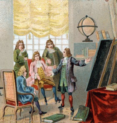 Gottfried Wilhelm Leibniz (1646-1716), filósofo e matemático alemão; demonstrando suas teorias sobre cálculo diferencial. Cromolitografia, final do século XIX. de Unknown artist