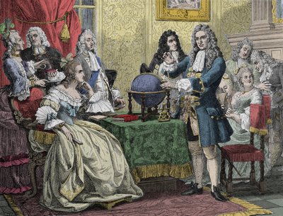 Gottfried Wilhelm Leibniz (1646-1716) visitando a Rainha Sophie Charlotte da Prússia (Sophie-Charlotte de Hannover) de Unknown artist