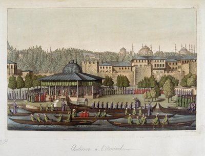 Governo dos Otomanos: audiência no Almirante - em "The old and modern costume" de Ferrario, ed Milan de Unknown artist