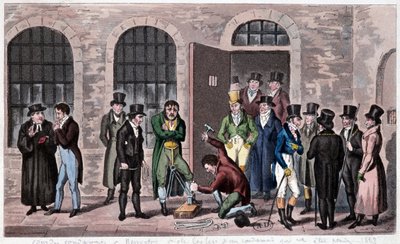 Prisão da Grã-Bretanha: A prisão de Newgate em Londres (muitas vezes referida nos romances de Charles Dickens) está sujeita à pena de morte. Gravado por volta de 1823. Bilbioteca de Artes Decorativas. de Unknown artist