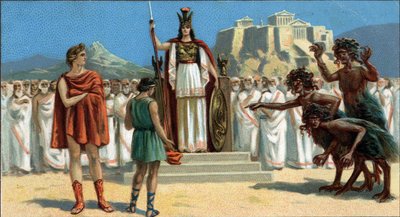 Grandes Tragédias Gregas: "A Orestia", de Ésquilo. Oreste apareceu perante o Areópago ou Supremo Tribunal de Atenas, presidido pela deusa Pallas Athene ou Minerva, assistida por Apolo. À direita estão os Eumenides (as três fúrias). Orestie está ausente. de Unknown artist