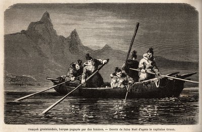 Gronelândia Umyak, tipo de barco operado por mulheres. Gravura para ilustrar a viagem ao mar livre do pólo Ártico, pelo Dr. Hayes, cirurgião da Marinha dos Estados Unidos, em 1860-1862, publicada no "Le tour du monde, nouveau journal des voyages", editado  de Unknown artist