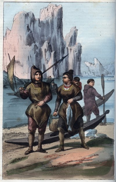 Gronelândia homens e mulheres voltando da pesca - gravura de "Usos e costumes de todos os povos do universo". Ou História do Governo, Leis, Milícias, Religião de todas as Nações desde os tempos mais remotos até ao dia de hoje" 1856 de Unknown artist