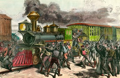 Greve na linha ferroviária que liga Baltimore, Ohio Trabalhadores perseguem maquinistas e engenheiros de um trem em direção a Baltimore. 1877 Século XIX Gravura Coleção Privada de Unknown artist