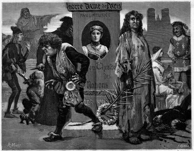 Gringoire, Quasimodo, La Esmeralda, La Sachette e Phoebus. Principais personagens da peça de teatro "Notre Dame de Paris", drama de Paul Meurice (1912-1979) de Victor Hugo (1802-1885) representado no Theatre des Nations. Gravura em "Le Monde illustration de Unknown artist