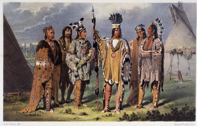Grupo dos Seis Chefes Indianos - em "Wandering of an artist among the indians of north america" por Paul Kane, Longmans & Roberts, Londres de Unknown artist