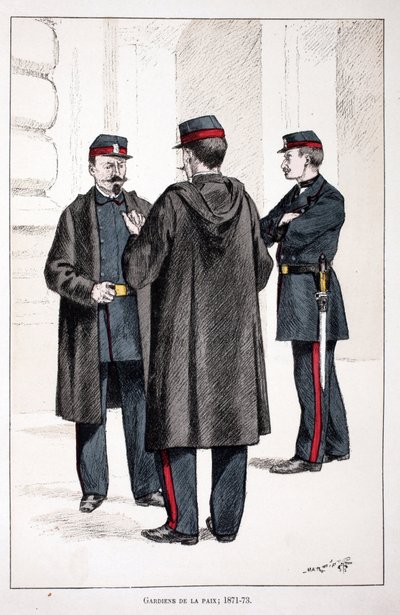 Guardiães da Paz (1871-1873). Gravura colorida, para ilustração do livro "Histoire du corps des gardiens de la paix" publicado sob os auspícios de Louis Lepine (1846-1933) prefet de police de la Seine, de Alfred Rey (1864-?) e Louis Feron de Unknown artist