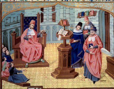 O tipo do professor Chirugian Chauliac. À sua direita, 6 ouvintes e à sua esquerda 3 personagens que resumem a história da medicina: Claude Galien (131-201), médico grego de Antiquite, Abu Ali al-Husayn ibn 