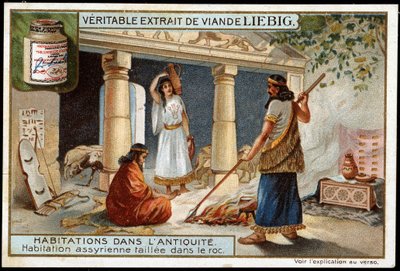 Habitações na antiguidade: Habitação assíria esculpida na rocha (Mesopotâmia) - Cromolitografia de Liebig de Unknown artist