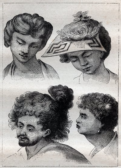 Penteados dos habitantes de Taiti (Tahiti) - ilustração tirada de "Os Grandes Marinheiros do século XVIII". de Unknown artist