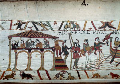 Haroldo é enviado pelo Rei da Inglaterra Eduardo Confessor à Normandia para informar o Duque Guilherme Conquistador (1027-1087) que será seu sucessor à Coroa da Inglaterra: a última refeição em terra antes do embarque para o Pormenor da Normandia da Tapeça de Unknown artist