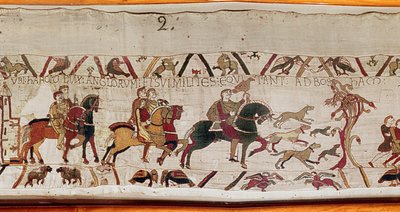 Harold é enviado com seus homens à Normandia por Edward, o Confessor, Bayeux Tapestry (bordado de lã em linho) de Unknown artist