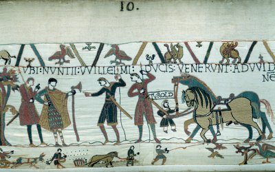 Haroldo, que veio informar o Duque de Normandia Guilherme, o Conquistador (1027-1087), que seria sucessor da coroa da Inglaterra na morte de Eduardo, o Confessor, foi feito prisioneiro pelo Conde Guy de Ponthieu. O Duque da Normandia enviou emissários para de Unknown artist