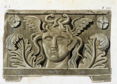 Cabeça da Medusa, uma das três Gorgones, bas-relevo de pedra - em "Monumenti Etruschi". de Unknown artist