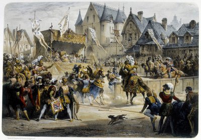 Henri II (1519 - 1559) ferido fatalmente por Montgomery durante o torneio de 29 de Junho de 1559, rue St Antoine, em frente ao Palais des Tournelles - litografia de Unknown artist