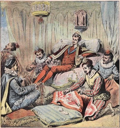 Henrique III (1551 - 1589) e as suas cuecas. O rei (Henrique III; 1551 - 1589) senta-se atrás; tem os seus pés Fitas de trança de Quelus e Maugiron; Schomberg faz uma tapeçaria... de O e Epernon olha para fora das aberturas, finalmente Chicot senta-se num  de Unknown artist