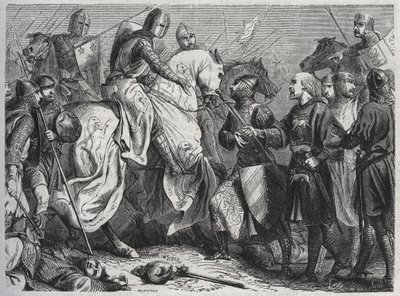 Henrique III (Henrique III Plantagenet da Inglaterra) (1207-1272) é capturado por Simon V de Montfort (ca. 1208-1265) em Lewes em Sussex 1264 - gravura 1864 de Unknown artist