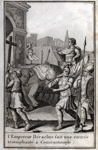 Heraclius I (Flavius Heraclius, Herakleios (cerca de 575-610/641), imperador bizantino, fez uma entrada triunfante em Constantinopla. Subiu numa carruagem alcançada por quatro elefantes e trouxe perante ele a Cruz Verdadeira (Santa Cruz) que tinha sido tir de Unknown artist