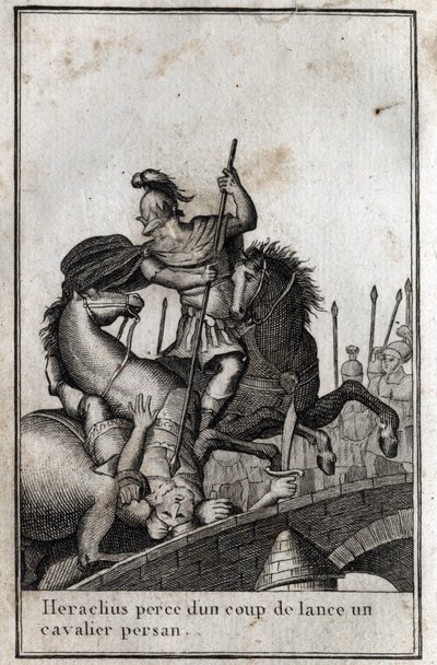 Heraclius I (Flavius Heraclius, Herakleios (cerca de 575-610/641), imperador bizantino, lança um cavaleiro persa (guerra contra os persas), século VII. Gravura em "Beaute de l