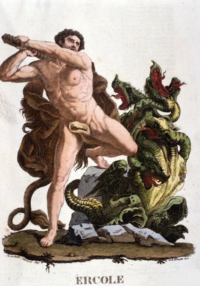 Hércules derrota a Hidra de Lerna - gravura de Unknown artist