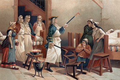 Hermann Leyde Boerhaave (1688-1738), médico holandês com suas alunas em frente às mulheres histéricas do Hospital Leyde. Depois de "La Ciencia y sus Hombres par Louis Figuier". Barcelona 1881 de Unknown artist