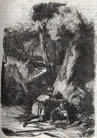 Hermonides derrubada e resgatada por Zerbin - Gravura de 1851 de "Furious Roland" (Orlando furioso) (século XVI) de Ludovico Ariosto, conhecido como Ariosta - Edição traduzida do italiano pelo Conde de Tressan e publicada por Gustave Harvard 1851 de Unknown artist