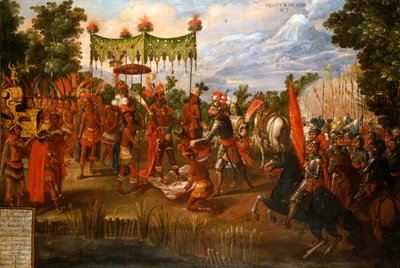 Hernan Cortes conhece o Imperador Moctezuma de Unknown artist