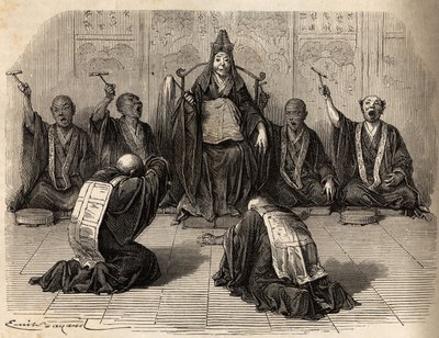 Sumo sacerdote budista sendo adorado, rodeado por seus discípulos ritmando o ritual com gongo e címbalos. Gravura para ilustrar a viagem ao Japão em 1863-1864, de Aime Humbert, ministro da Confederação Suíça, em "Le tour du monde, nouveau journal de Unknown artist