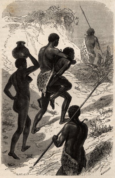 Sua majestade Katchiba numa viagem, líder da tribo Obbos (tribo da região do Nilo Branco), nas costas de um de seus súditos e acompanha sempre outros dois para que sirvam alternadamente de guia e de montaria, uma mulher acompanha-os que veste um de Unknown artist