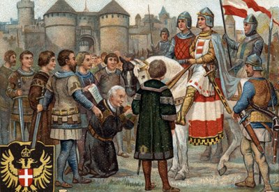 Episódios históricos de cidades famosas: Rodolfo de Habsburgo (Rodolfo I do Sacro Império 1218-1291) tomou posse de Viena (1276). Rodolfo I foi rei dos romanos e, ao tomar posse da cidade de Viena, fundou o poder dos Habsburgos. Chromol de Unknown artist