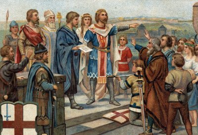 Episódios históricos de cidades famosas: Alfredo o Grande (849-899) devolve Londres aos seus antigos habitantes (886), a "Paz de Alfredo e Guthrum" marcou a vitória dos anglo-saxões contra os dinamarqueses (= Viking). Cromolitografia do século XIX. de Unknown artist