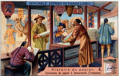 História do Papel. 4. Comércio do papel em Samarkand (= Samarkand) (Turquestão). Cromolitografia de Liebig de Unknown artist