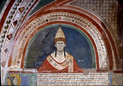 História de São Francisco de Assis: representação do Papa Inocêncio III, mostrando a bolha que confirma a regra franciscana em 1210 (fresco) de Unknown artist