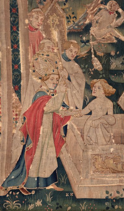 História de São Piat e Santa Eleutério, Cena 12: A ressurreição da filha do tribuno (Como Jehsucristo recuperou o bom santo e ressuscitou por tímida a filha do tribuno apresenta seu pai e o comum). Detalhe. de Unknown artist