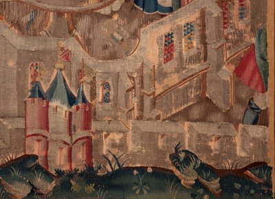 História de Saint Piat e Saint Eleuthère, Cena 6 Detalhe fundo direito. Muros de fortificação da cidade. de Unknown artist