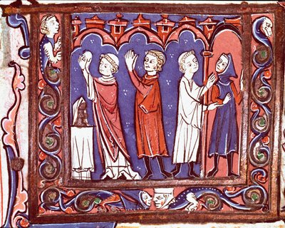 História do direito canônico: "cena de comunhão (esquerda) e excomunhão (direita)" Miniatura tirada de "Decretales" de Giovanni d