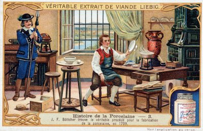 História da porcelana: Johann Friedrich Bottger (Bottcher ou Bottiger) (1682-1719) encontra o verdadeiro método para fazer porcelana em 1709 - Liebig chromolithography de Unknown artist