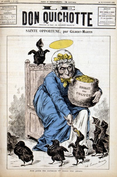 Santa Oportunidade e o orçamento dos cultos: aos pequenos corvos ela dá o seu pature - no "Le Don Quixote" de 24/11/1882 de Unknown artist