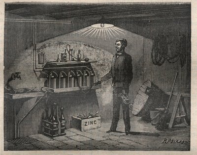 Home Electricite: Instalação da bateria inventada pela Radiguet numa cave - Gravação em "La Science francaise de Unknown artist