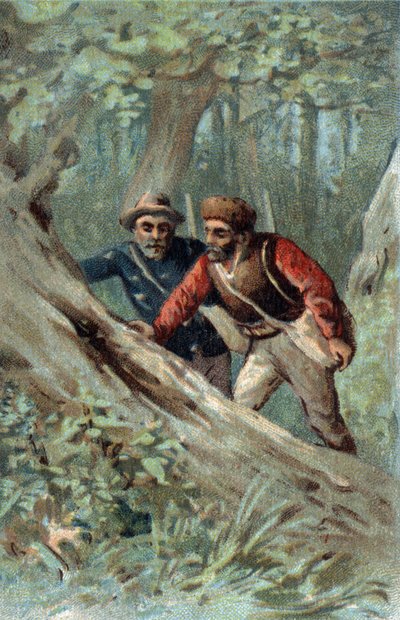 Caçadores de mel no Canadá à procura de uma árvore de enxame. Cromolitografia do final do século XIX. de Unknown artist