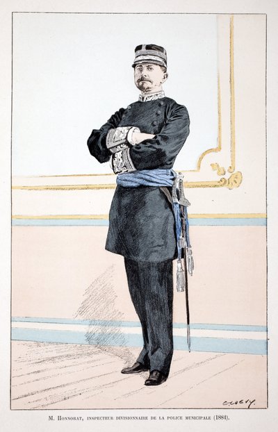 Honorat, Inspector de Divisão da Polícia Municipal (1884). Gravura colorida, para ilustração do livro "Histoire du corps des gardiens de la paix" publicado sob os auspícios de Louis Lepine (1846-1933) prefet de police de la Seine, de Alfred Rey de Unknown artist