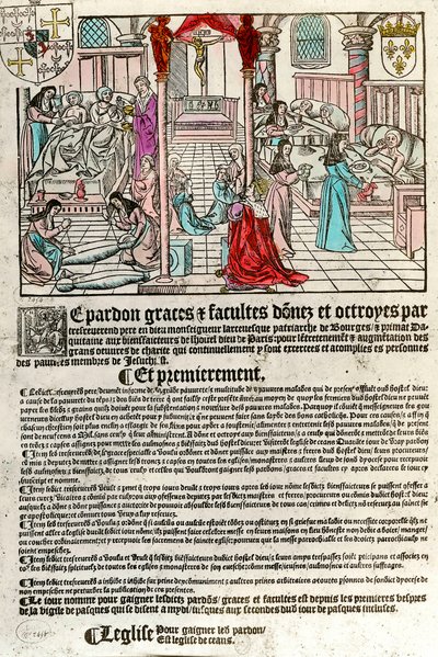 Hospital no século XVI: Carta de indulgência (Direita: uma cena hospitalar. Agauche: moribundo e morto). Gravura do século XVI. Coleção particular. de Unknown artist