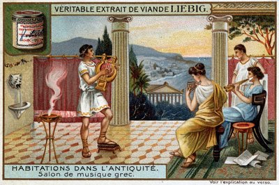 Casas na Antiguidade: Sala de Música Grega - Liebig Chromolithography de Unknown artist
