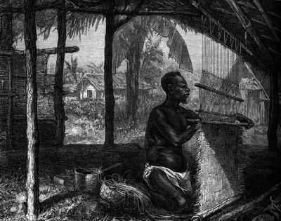 Jardim Zoológico Humano: tecelão amaciou o Gabão na Exposição Mundial de 1889. Gravura no "Le Journal de la jeunesse". de Unknown artist