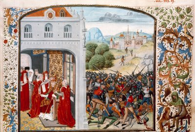 Guerra dos Cem Anos: "O Papa Gregoire XI (1329-1378) coroou Avignon em 1370. A Batalha de Pontvallain entre franceses e ingleses em 4/12/1370" Miniatura de "Chronicles" de Jean Froissart (1337-1400) Paris do século XV. B.N. de Unknown artist